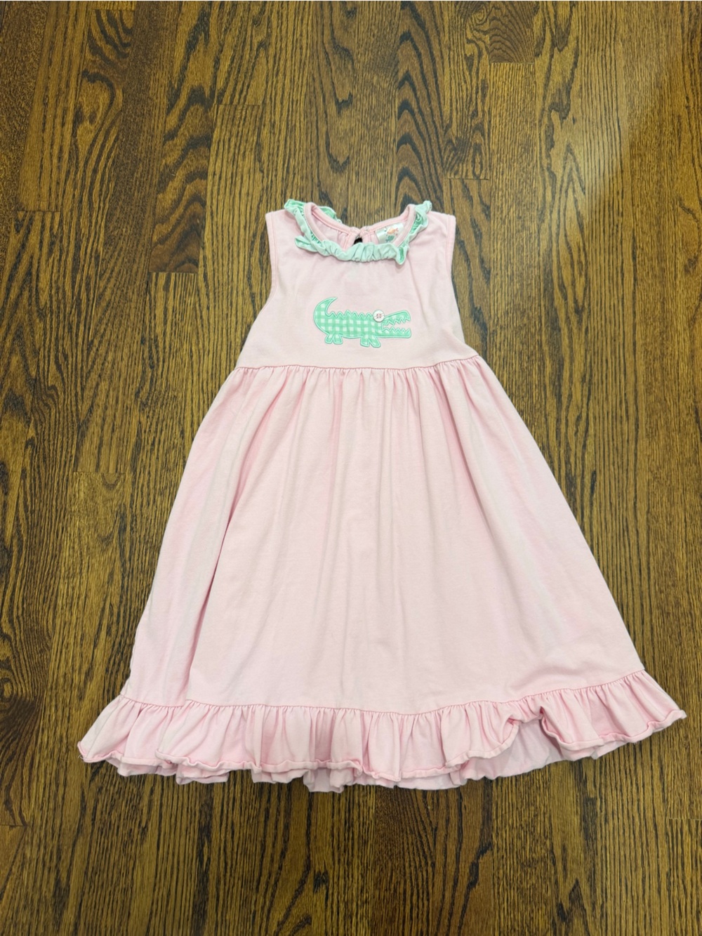 Girls' Pink Ruffle Hem Dress with Mint Crocodile Applique